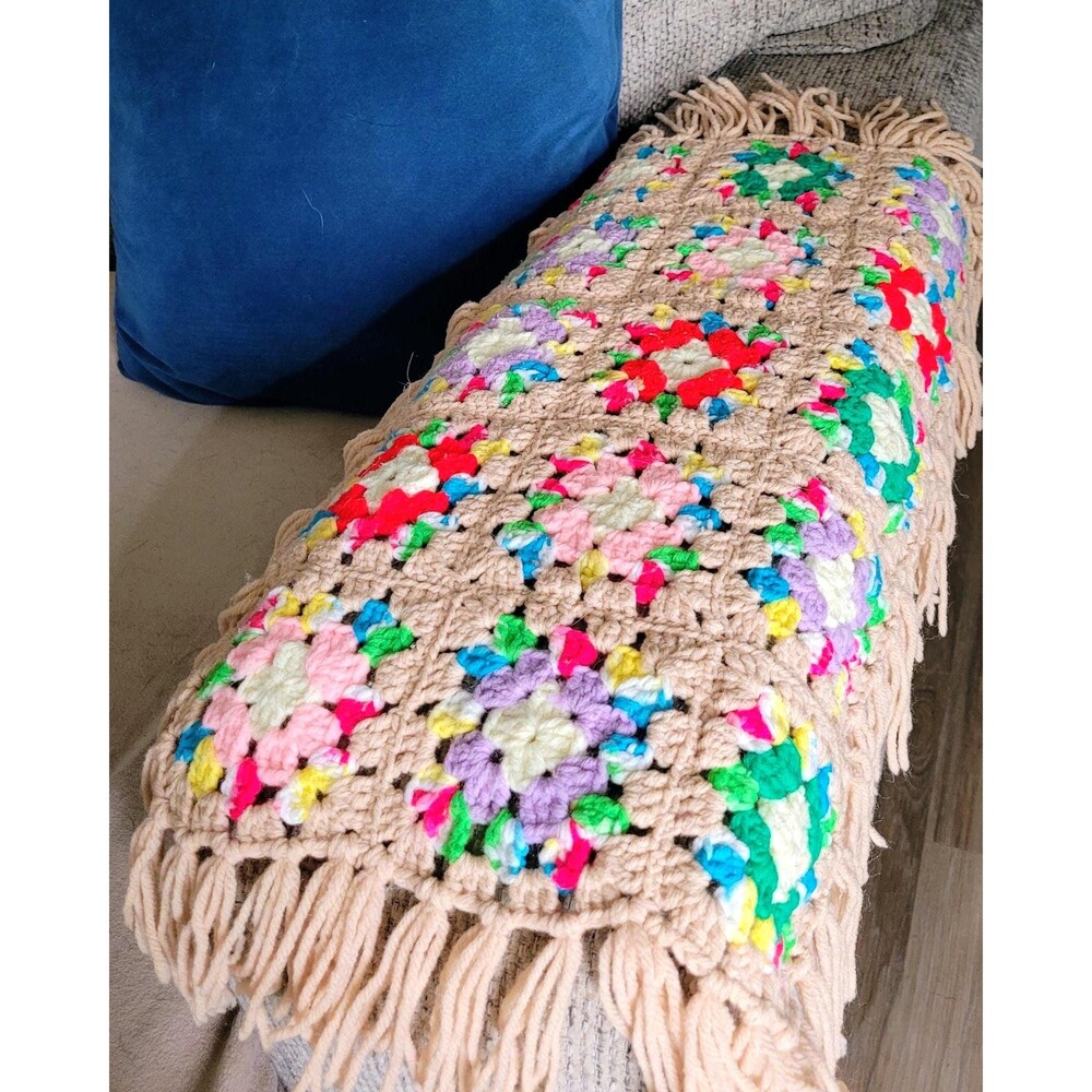 Vintage Crochet Granny Square Lap Blanket, Sofa Armrest Cover Set of 2